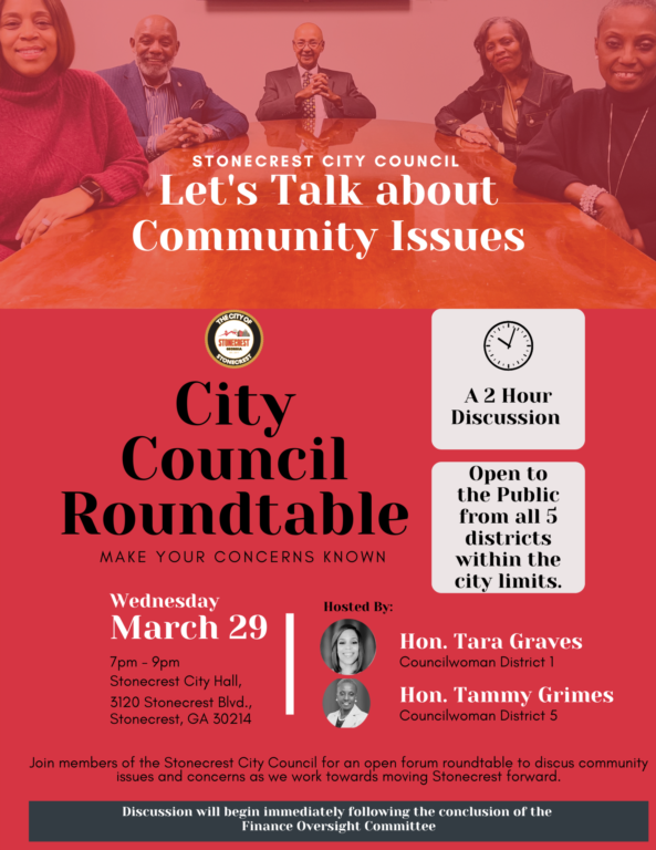 Stonecrest to Hold City Council Roundtable Discussion March 29, 7PM.